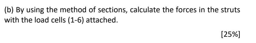 (b) By using the method of sections, calculate the forces in the struts with the load cells (1-6) attached.