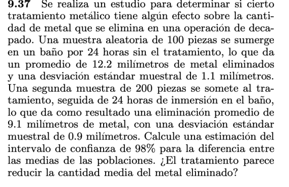 9.37 Se realiza un estudio para determinar si cierto tratamiento metálico tiene algún efecto sobre la canti- dad de metal que