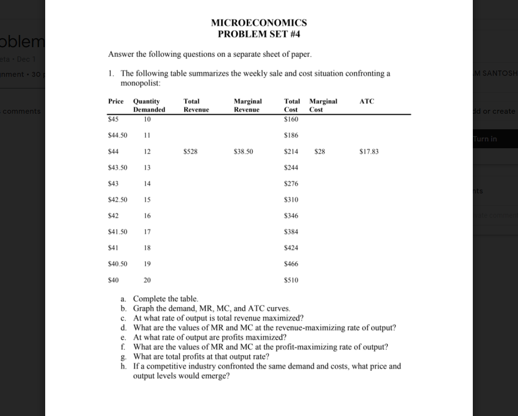 Solved MICROECONOMICS PROBLEM SET #4 Oblem Answer The | Chegg.com