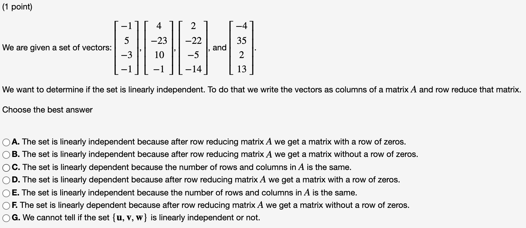 Solved 1 point 4 2 4 35 We are given a set of vectors 5