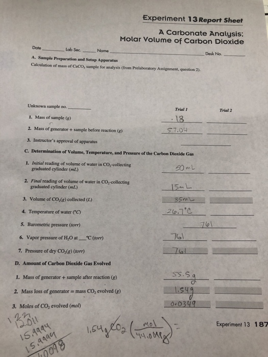 experiment 13 a carbonate analysis report sheet