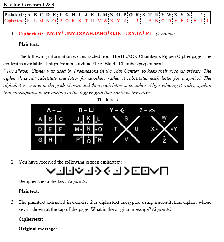 Solved Key for Exercises 1&3 1. Ciphertext: NYJY! | Chegg.com