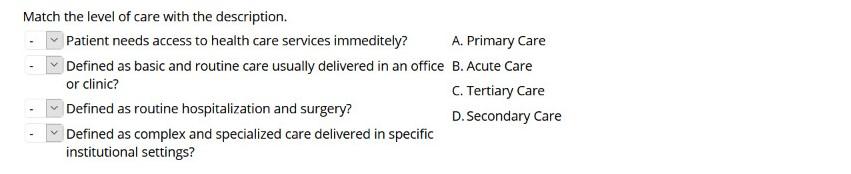 Match the level of care with the description. Patient needs access to health care services immeditely? A. Primary Care Define