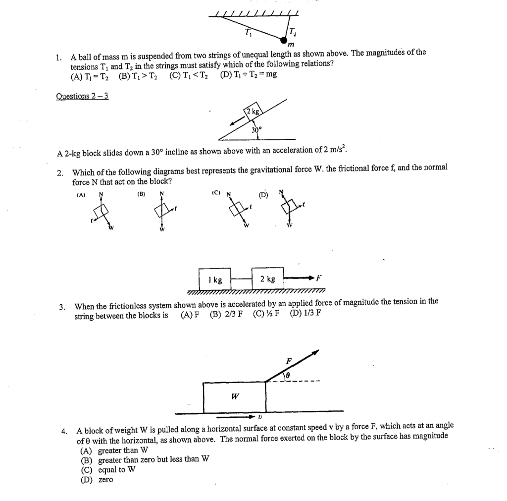 Solved 1. T T! m A ball of mass m is suspended from two | Chegg.com