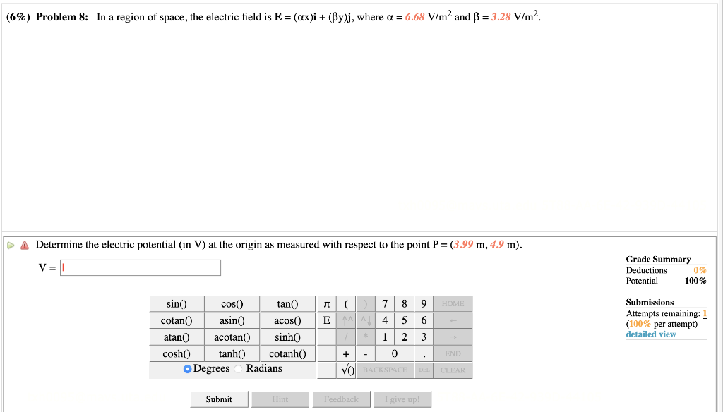 Solved (6\%) Problem 8: In a region of space, the electric | Chegg.com