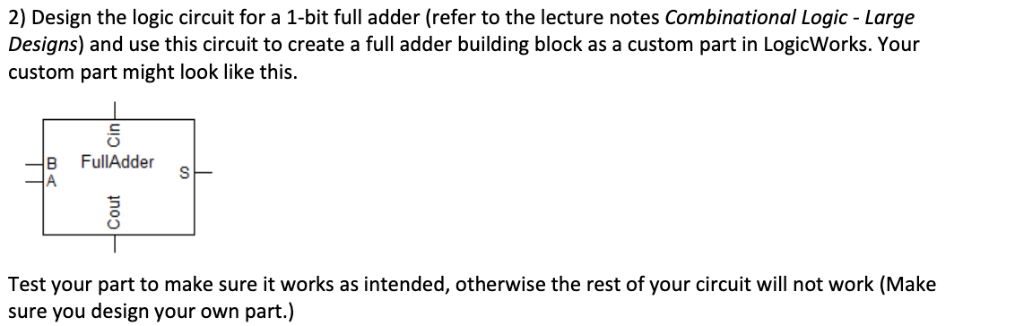 Solved 2) Design the logic circuit for a 1-bit full adder | Chegg.com
