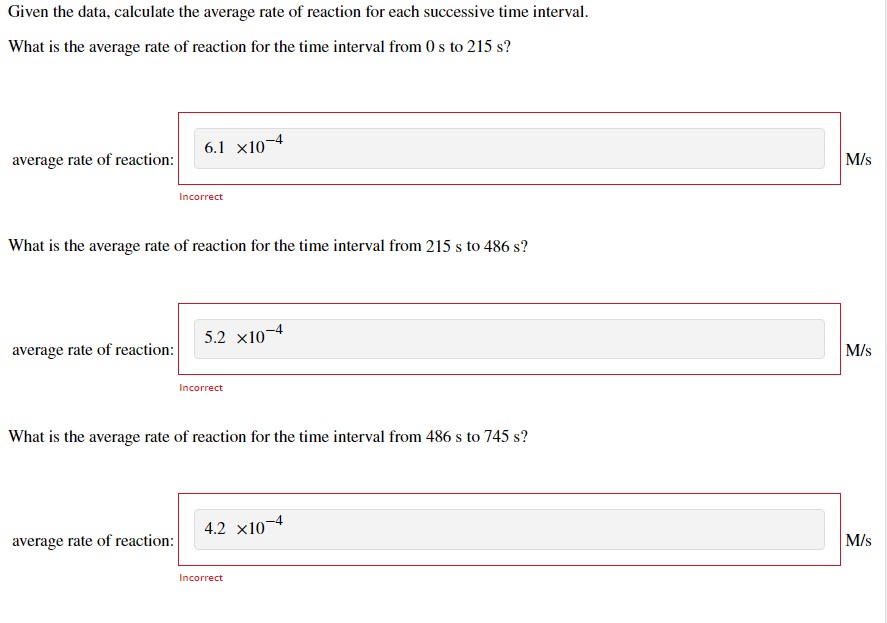 Solved Given the data, calculate the average rate of | Chegg.com
