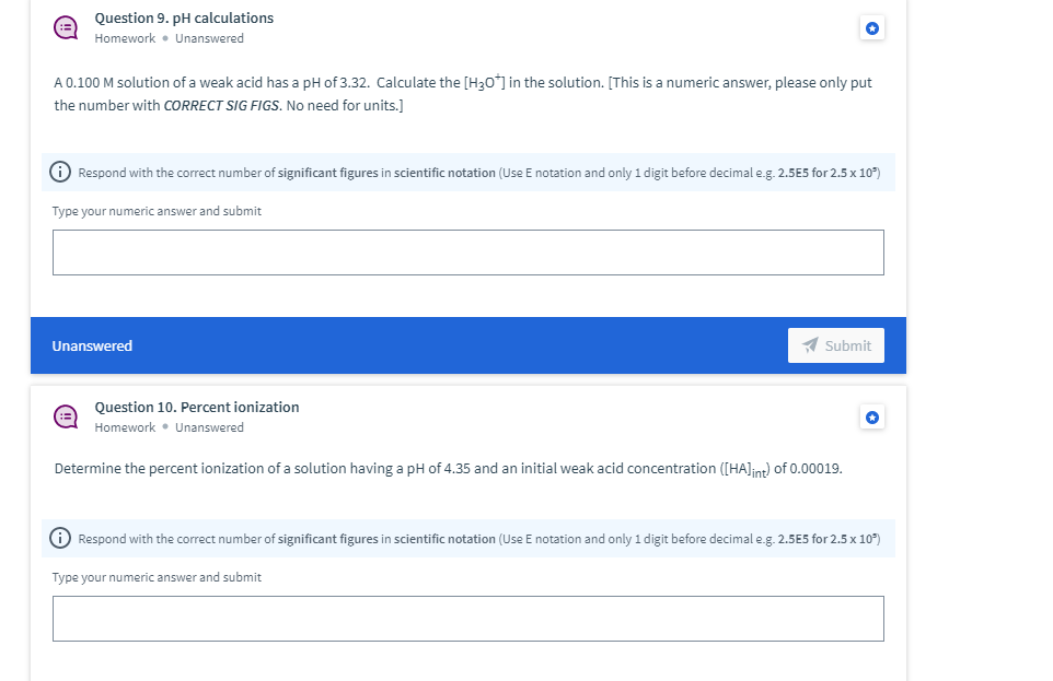 Solved Question 9. pH calculations Homework . Unanswered A | Chegg.com