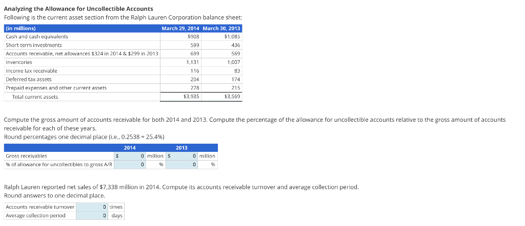 Analyzing the Allowance for Uncollectible Accounts
Following is the current asset section from the Ralph Lauren Corporation b