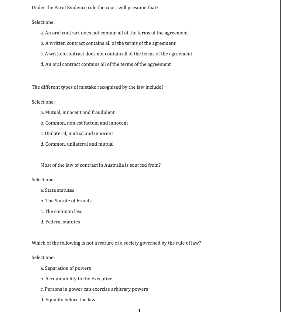 Solved Under the Parol Evidence rule