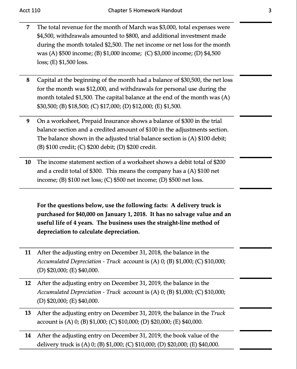 Solved Acct 110 Chapter 5 Homework Handout 1 True/False | Chegg.com