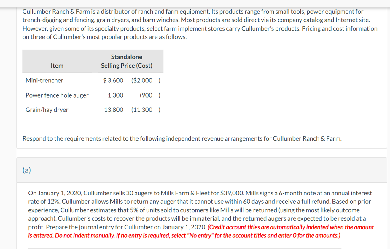 Solved Cullumber Ranch \& Farm is a distributor of ranch and | Chegg.com
