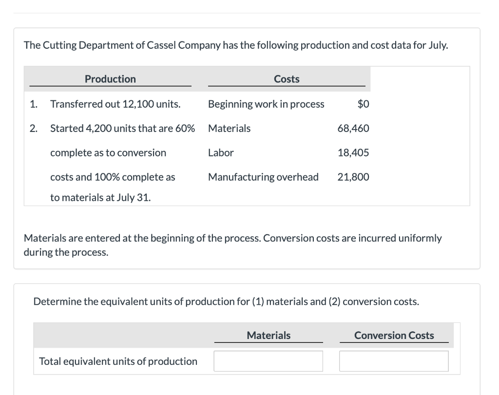 Solved The Cutting Department of Cassel Company has the