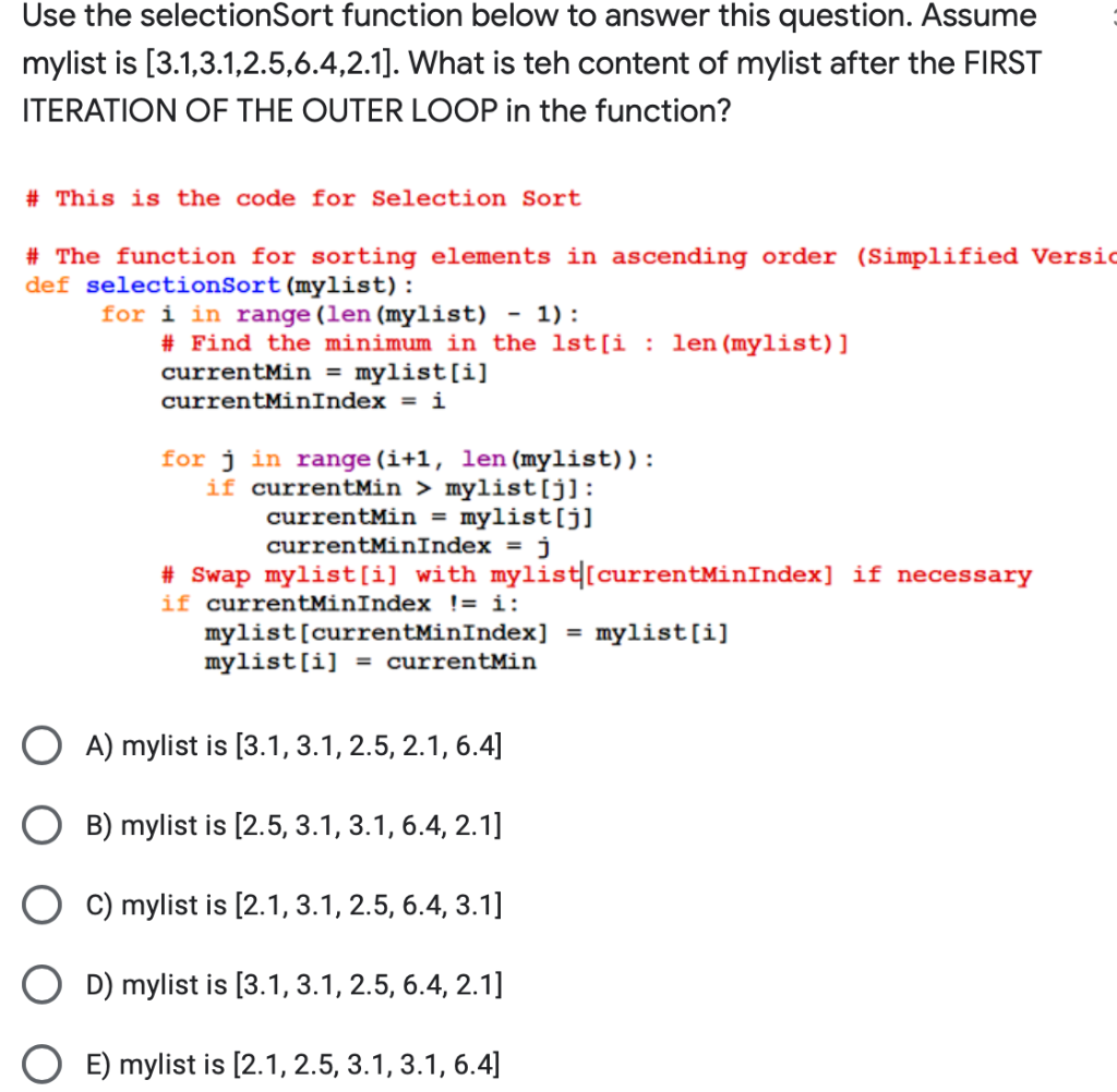 Solved Use the selectionSort function below to answer this | Chegg.com