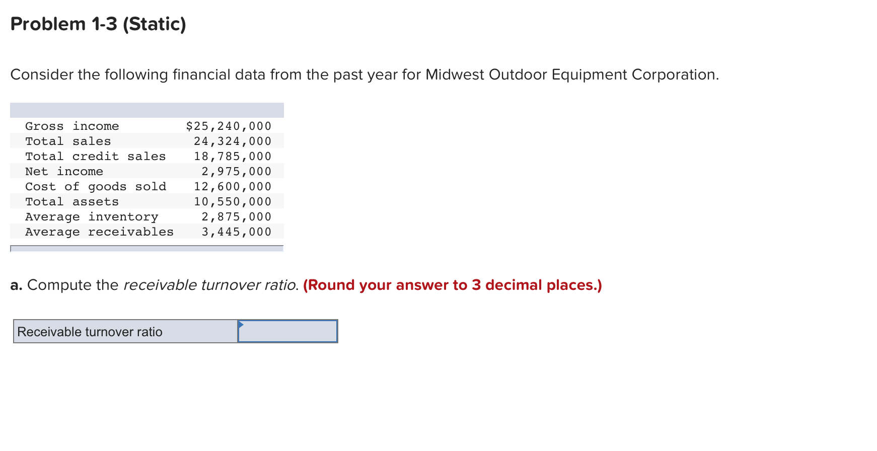 Problem 1-3 (Static) Consider the following financial data from the past year for Midwest Outdoor Equipment Corporation. Gros