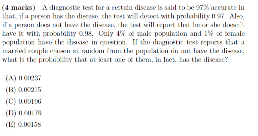 Solved (4 Marks) A Diagnostic Test For A Certain Disease Is | Chegg.com