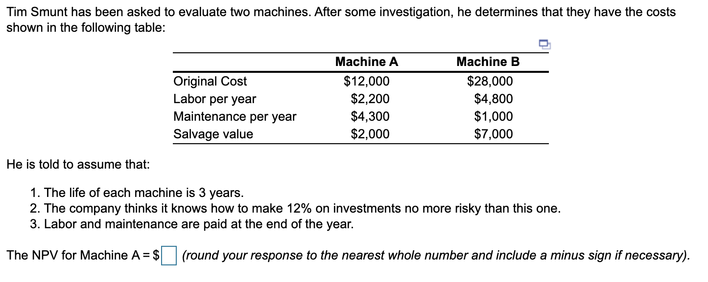 Solved Tim Smunt has been asked to evaluate two machines. | Chegg.com