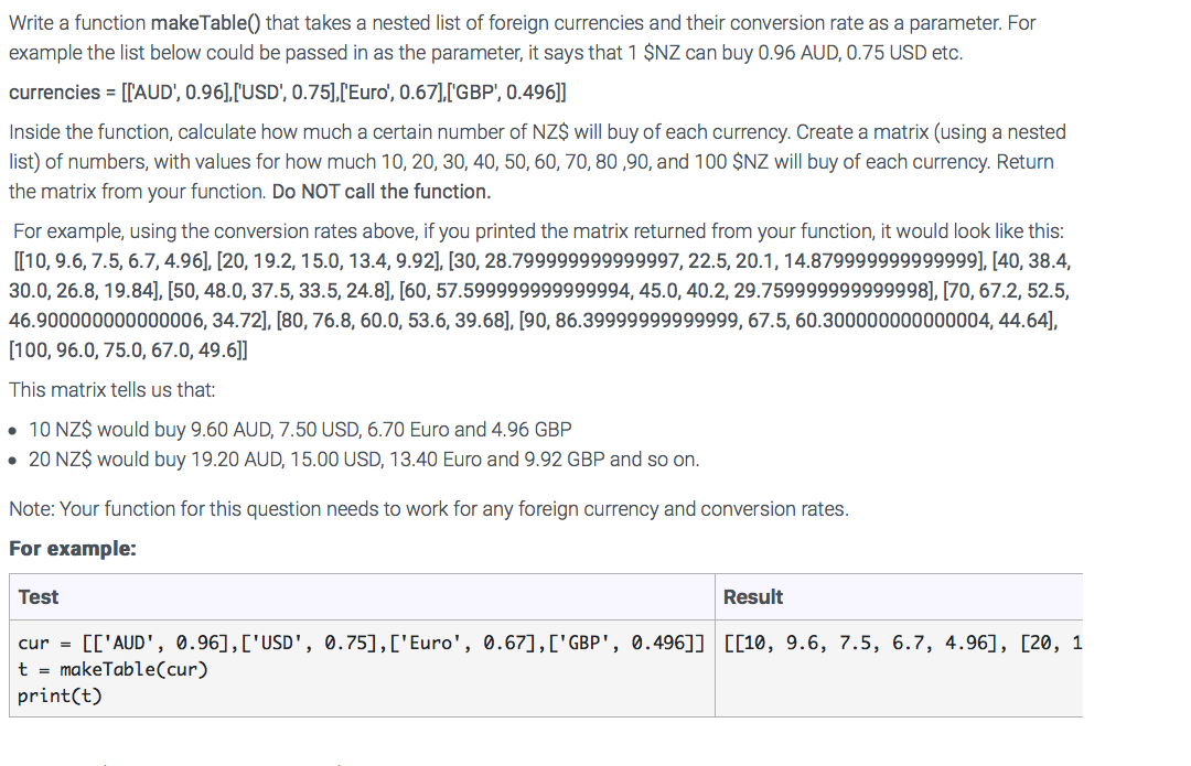 Solved Write a function makeTable() that takes a nested list | Chegg.com