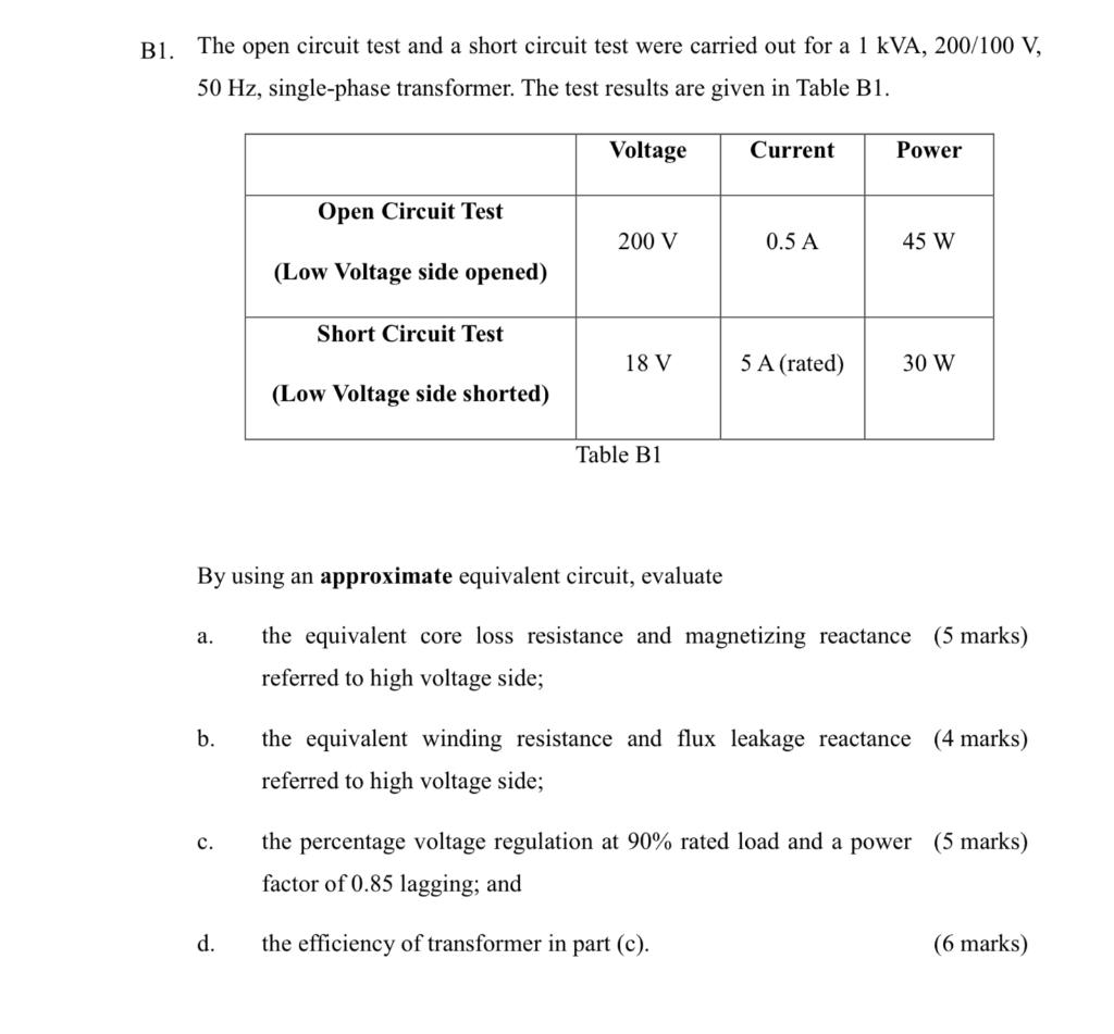 Solved B1. The open circuit test and a short circuit test