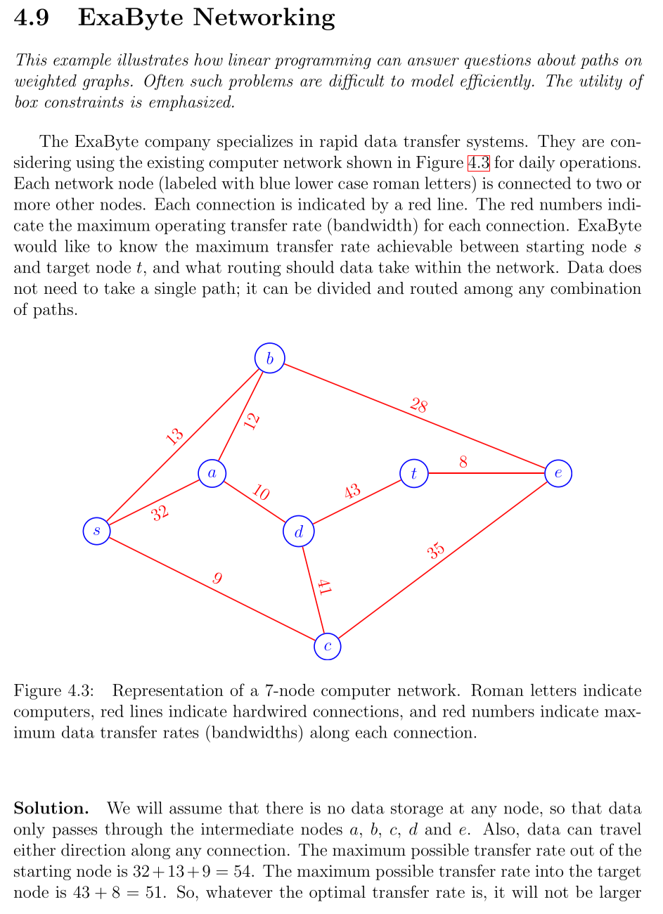 4.9 ExaByte Networking
This example illustrates how linear programming can answer questions about paths on weighted graphs. O