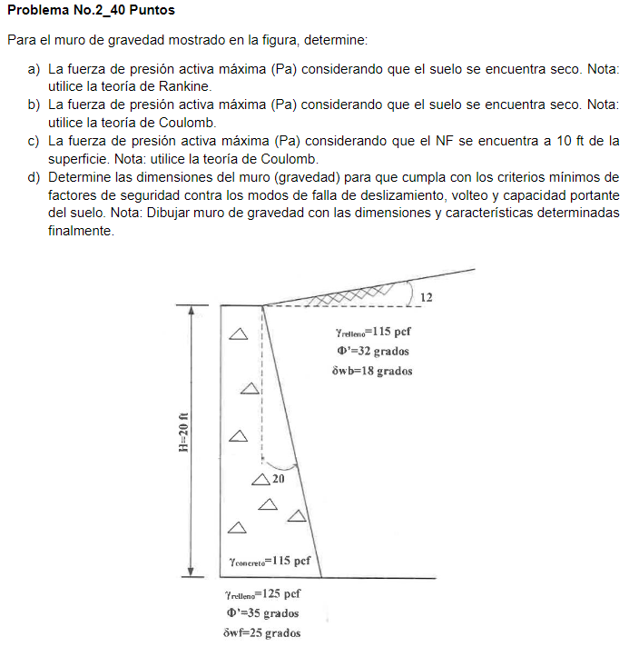 Problema No.2_40 Puntos Para el muro de gravedad mostrado en la figura, determine: a) La fuerza de presión activa máxima (Pa)