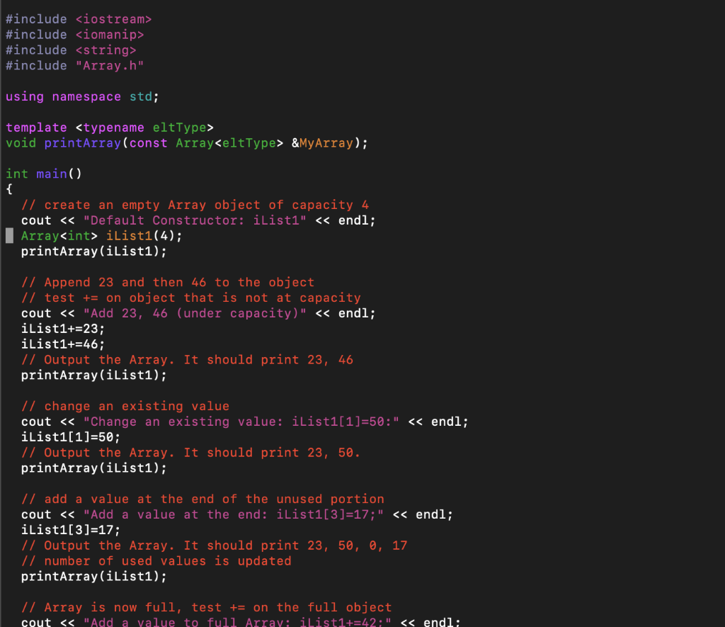 Supplied: Array template class: Array.h Initial | Chegg.com