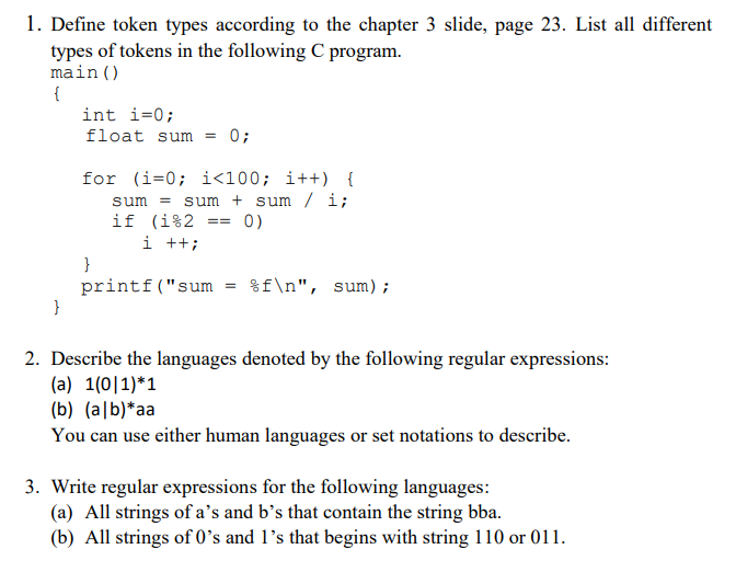 Solved 1. Define token types according to the chapter 3 | Chegg.com