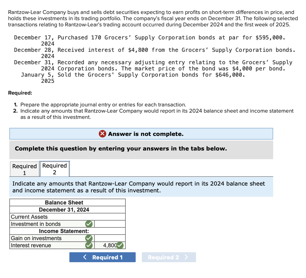 Solved RantzowLear Company buys and sells debt securities