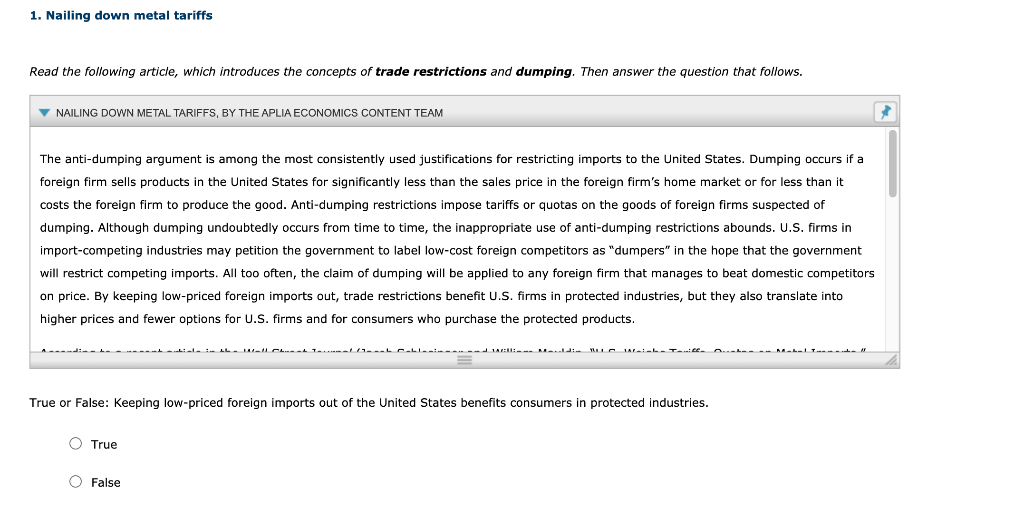 Solved 1. Nailing down metal tariffs Read the following | Chegg.com