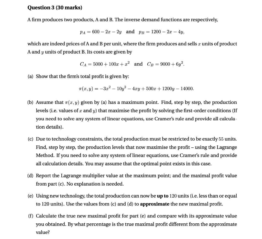 Solved Question 3 (30 Marks) A Firm Produces Two Products, A | Chegg.com