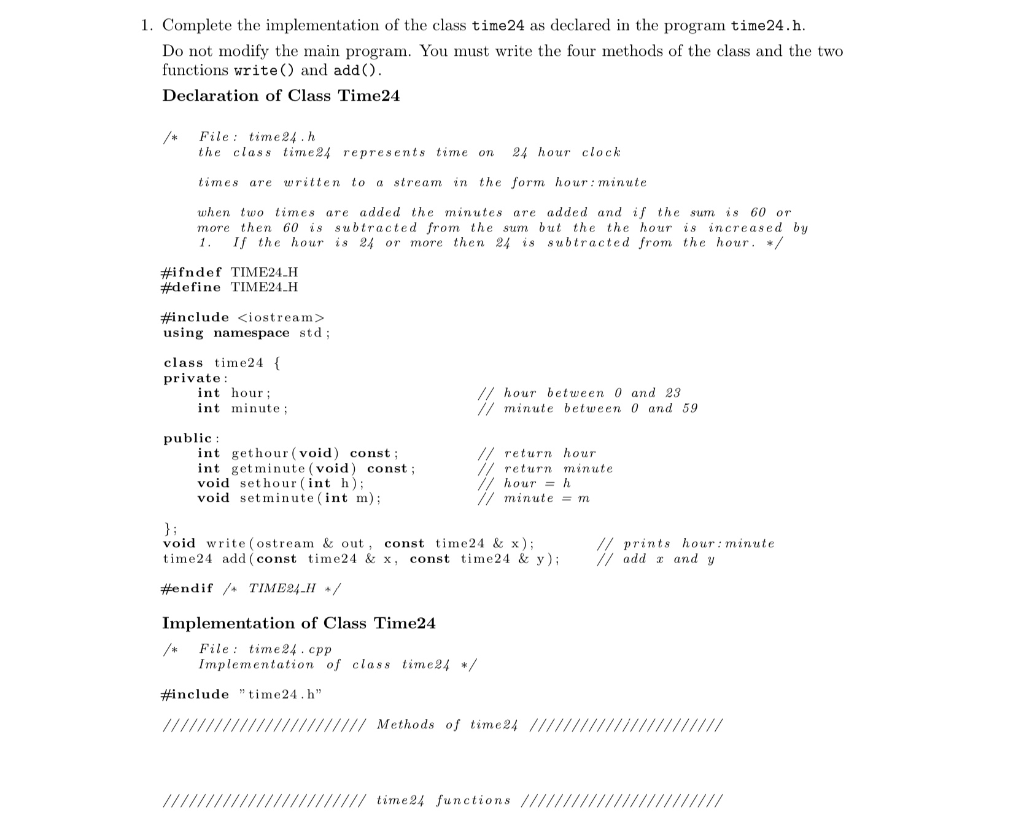 1. Complete the implementation of the class time24 as | Chegg.com