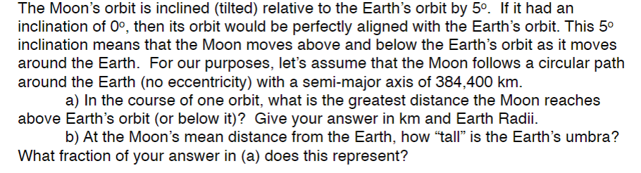 Solved The Moon's orbit is inclined (tilted) relative to the | Chegg.com