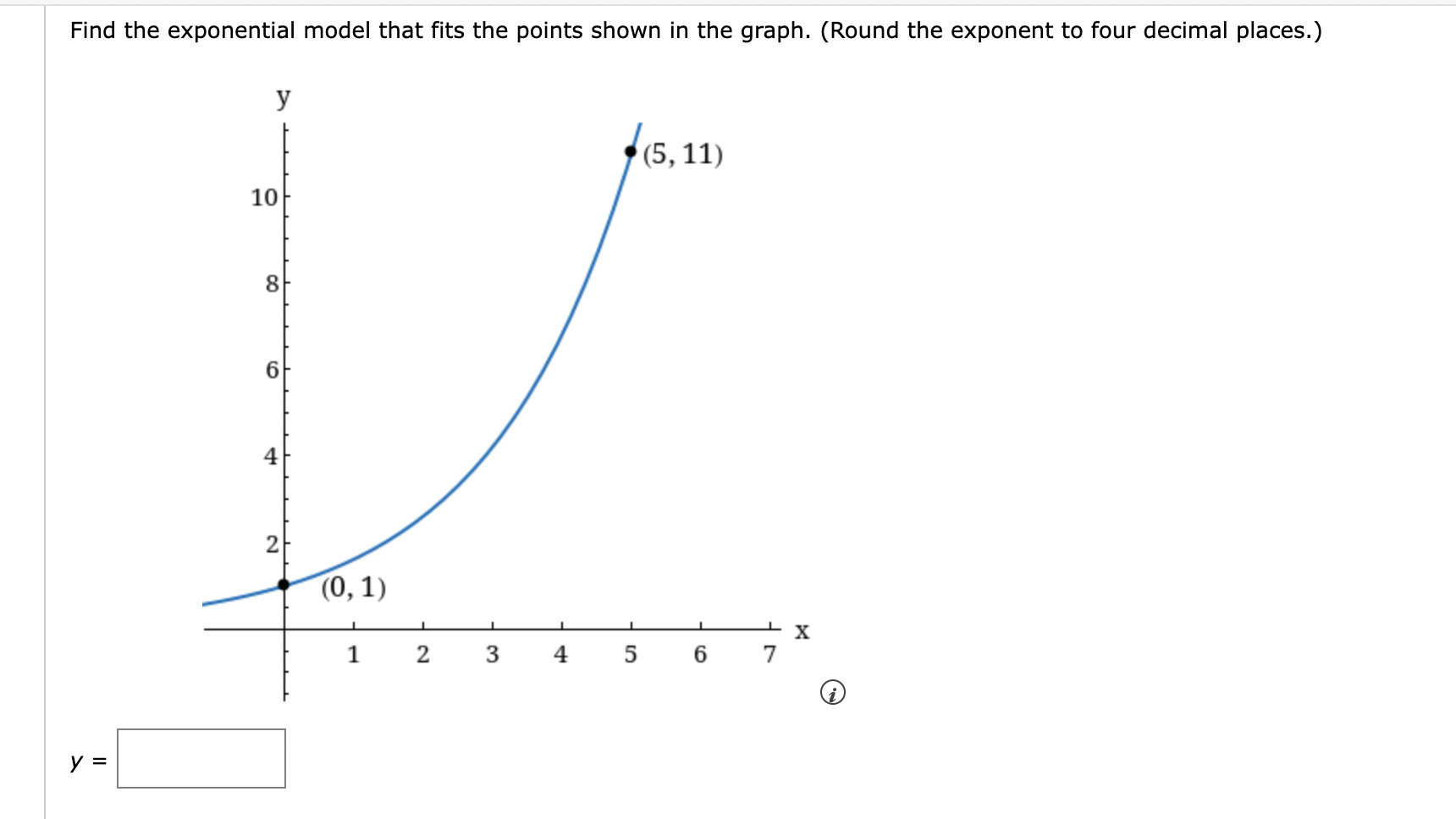 Find the exponential model that fits the points shown in the graph. (Round the exponent to four decimal places.)