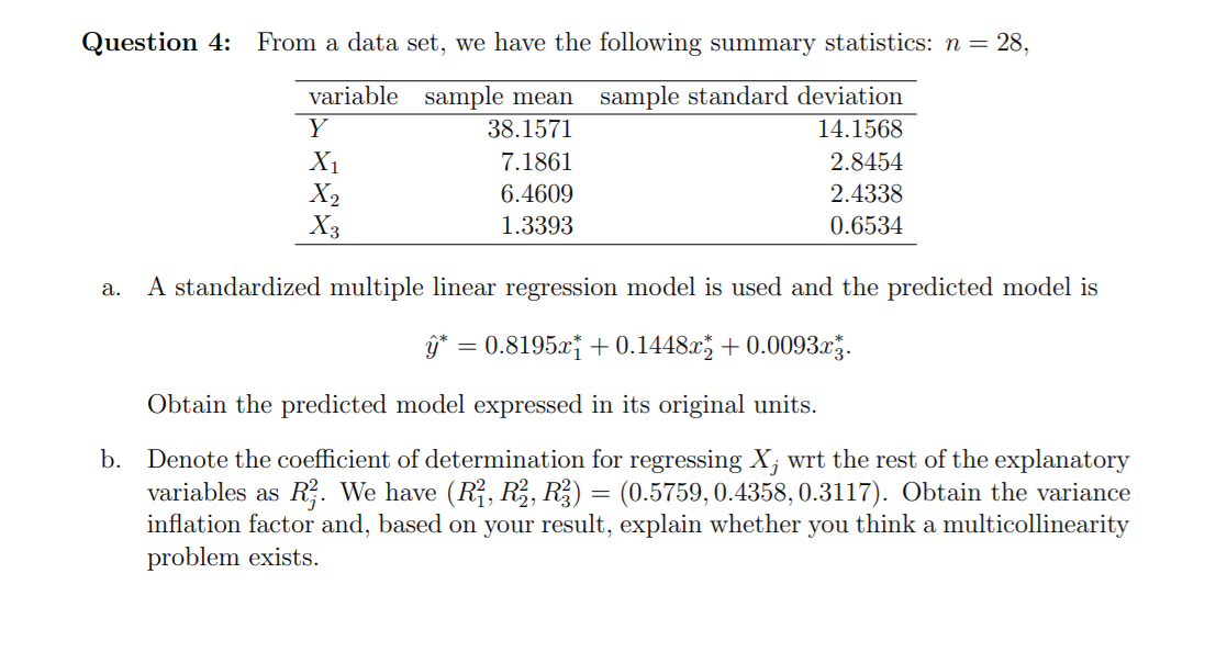 Solved Question 4: From a data set, we have the following | Chegg.com