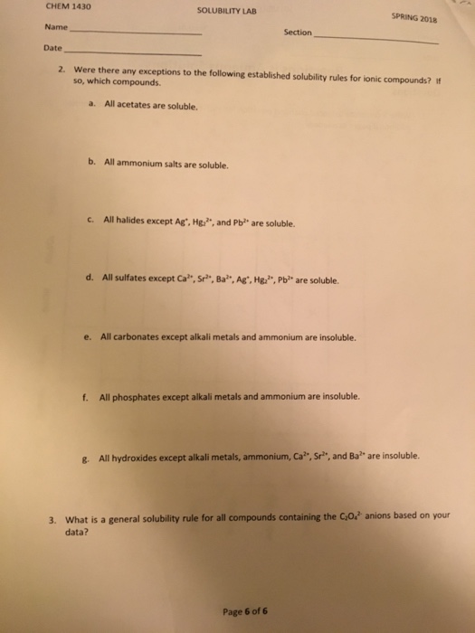 Solved CHEM 1430 Name Date SOLUBILITY LAB Section Reactions
