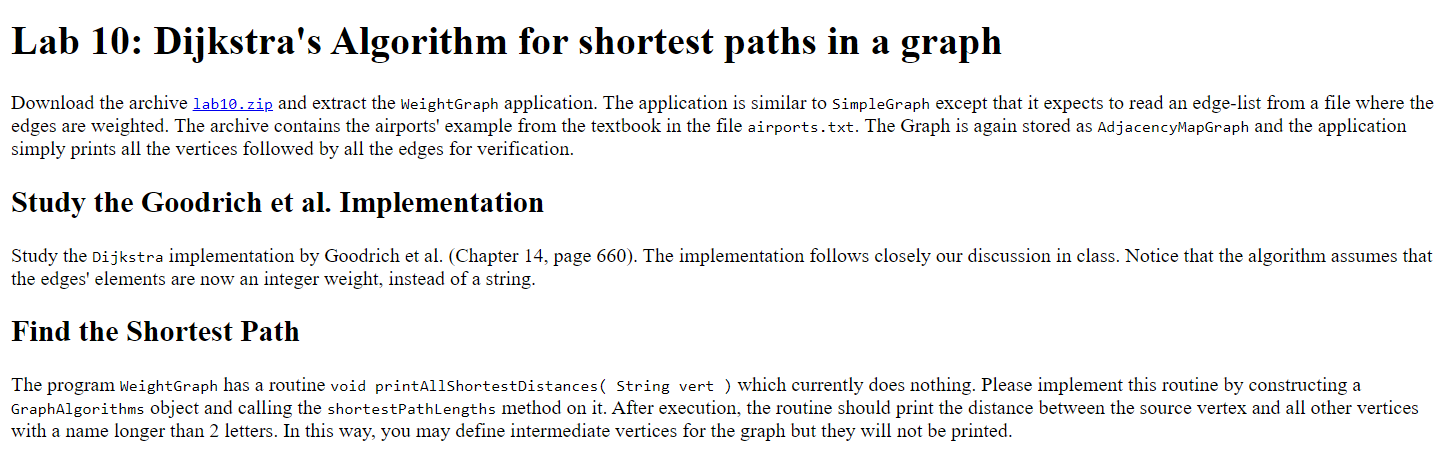 Solved Lab 10: Dijkstra's Algorithm for shortest paths in a | Chegg.com