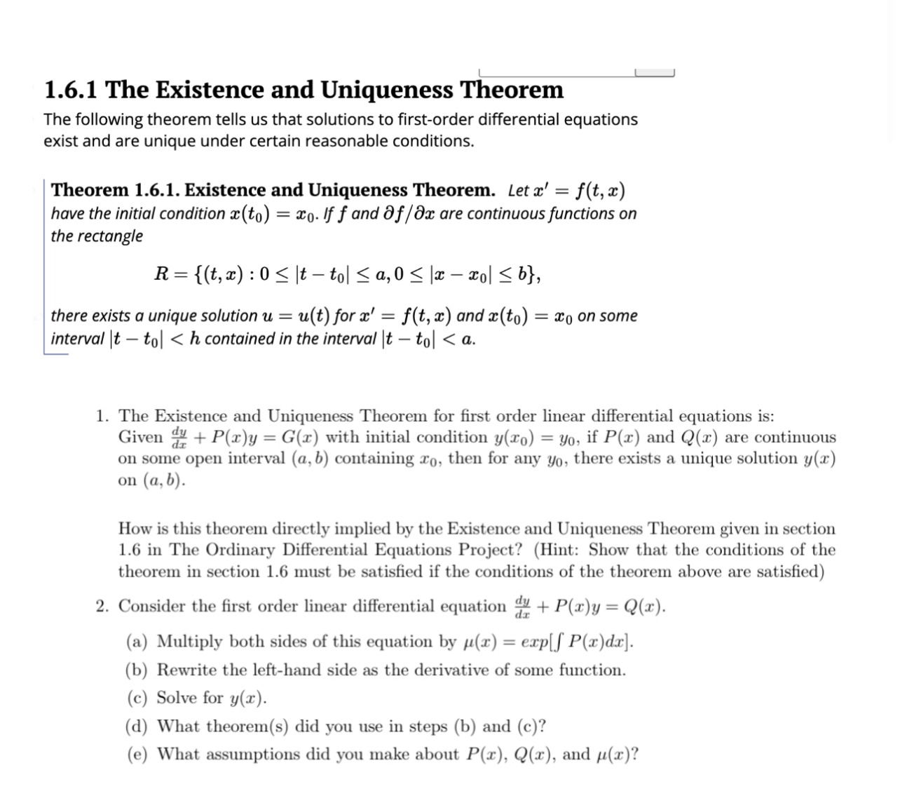 Solved 1.6.1 The Existence And Uniqueness Theorem The | Chegg.com ...