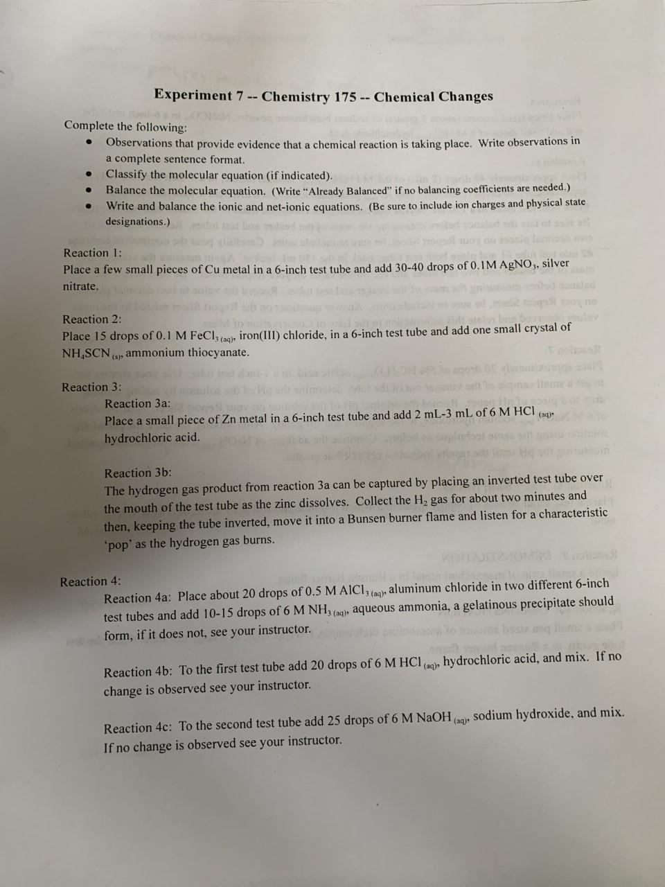 Solved Experiment 7 -- Chemistry 175 -- Chemical Changes | Chegg.com