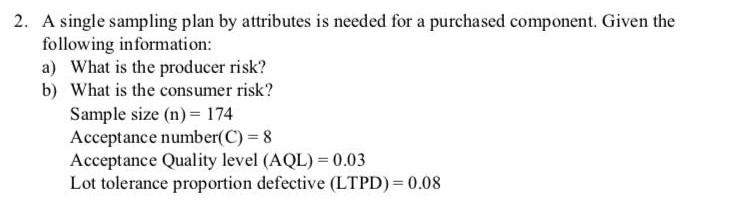 Solved 2. A single sampling plan by attributes is needed for | Chegg.com