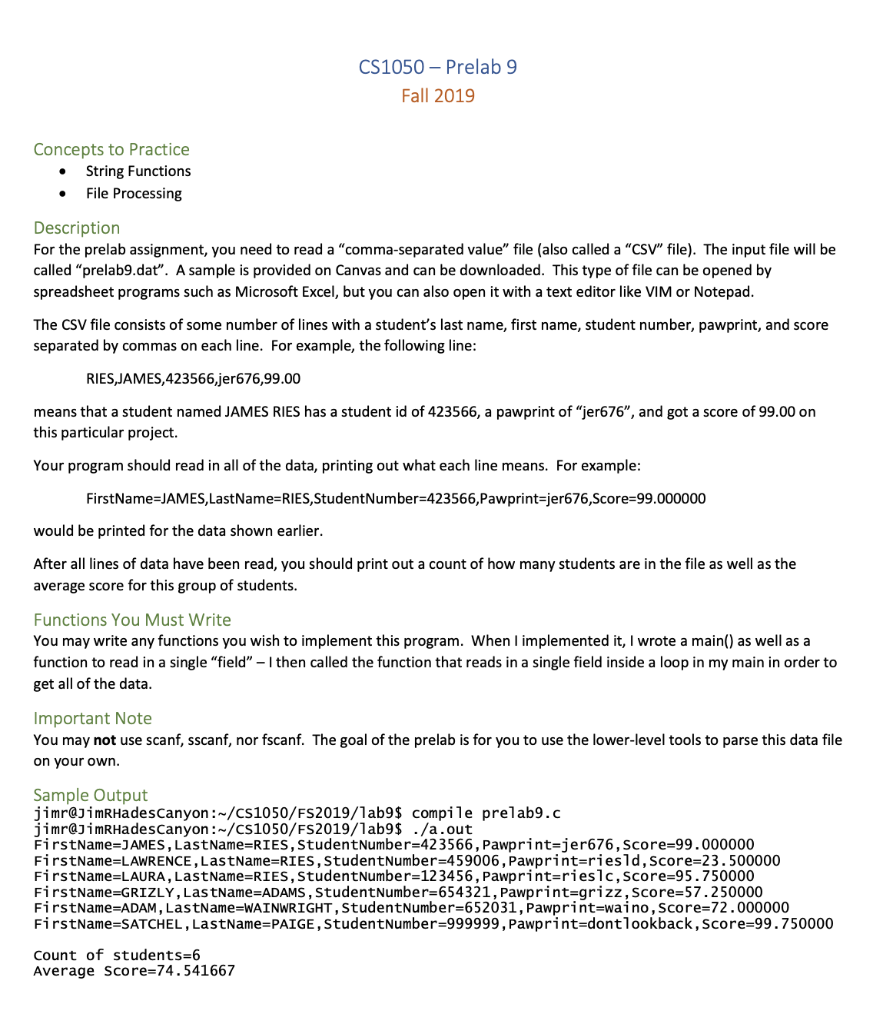 Solved Cs1050 Prelab 9 Fall 19 Concepts Practice String Functions File Processing Description P Q