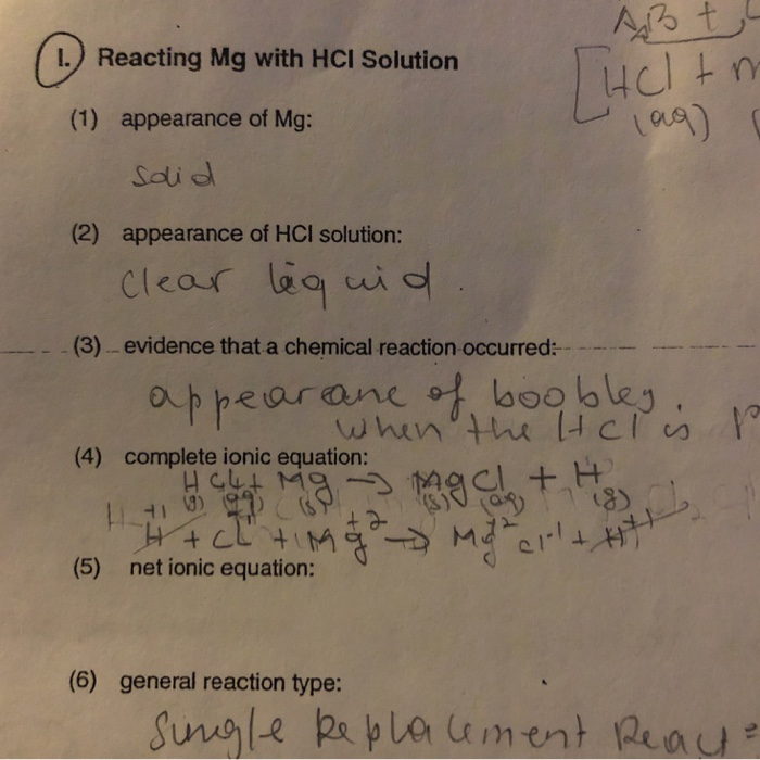 Solved 1) Reacting Mg with HCl Solution (Y (1) as)