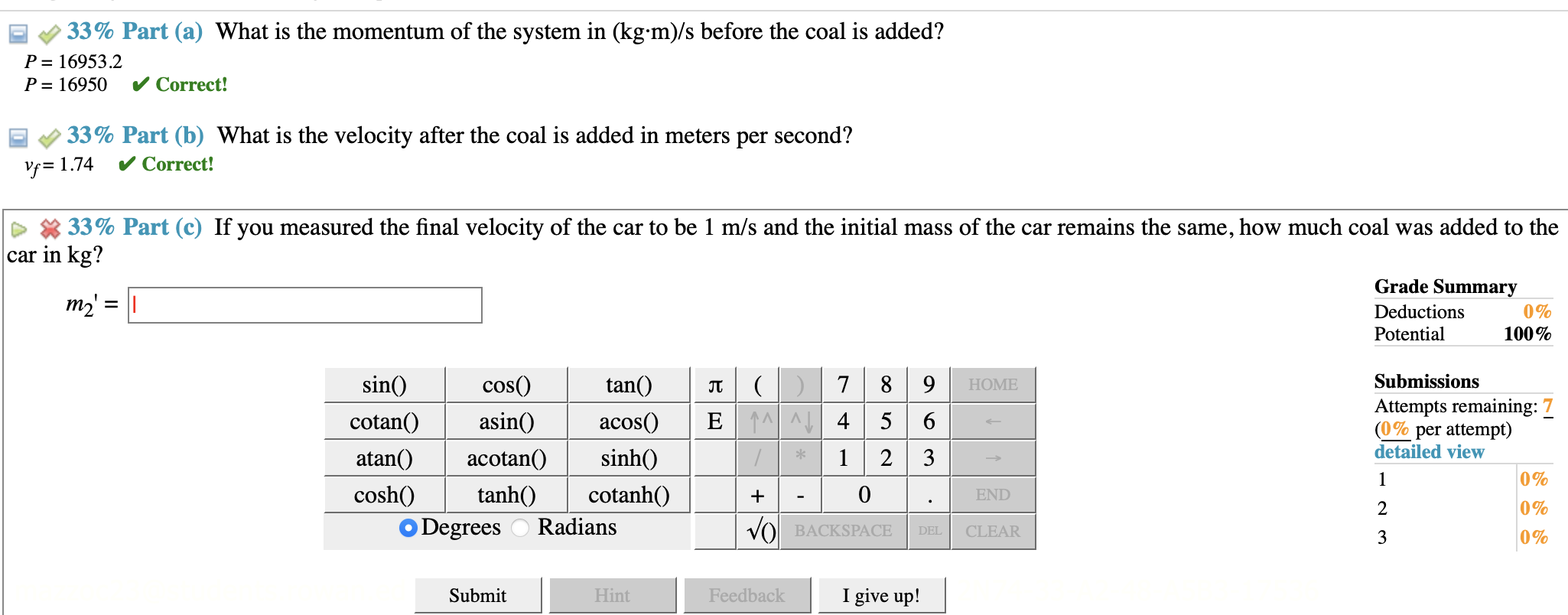 Solved (7%) Problem 15: A coal car of mass m₁ = 3853 kg is | Chegg.com