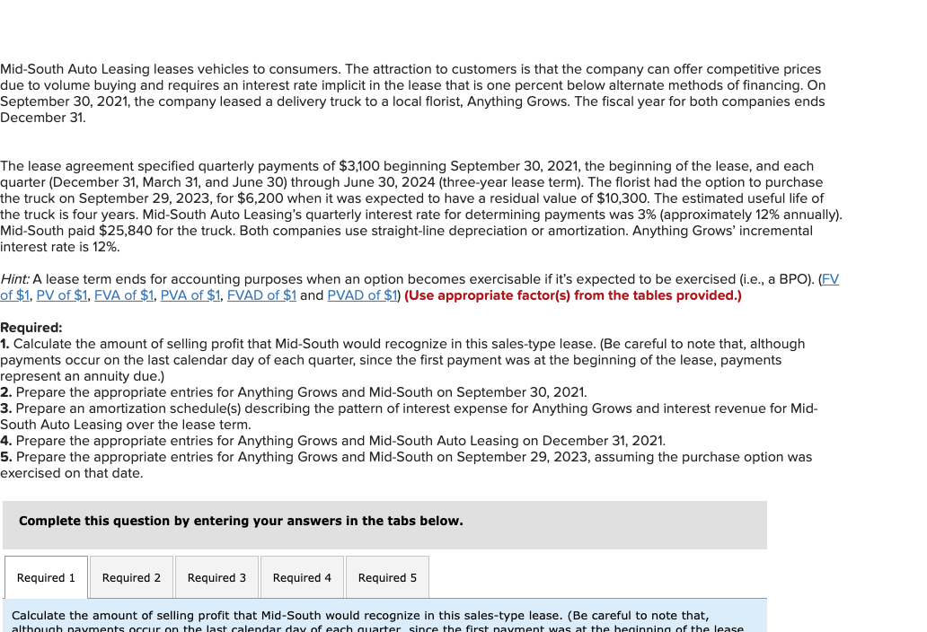 Solved Mid-South Auto Leasing leases vehicles to consumers. | Chegg.com