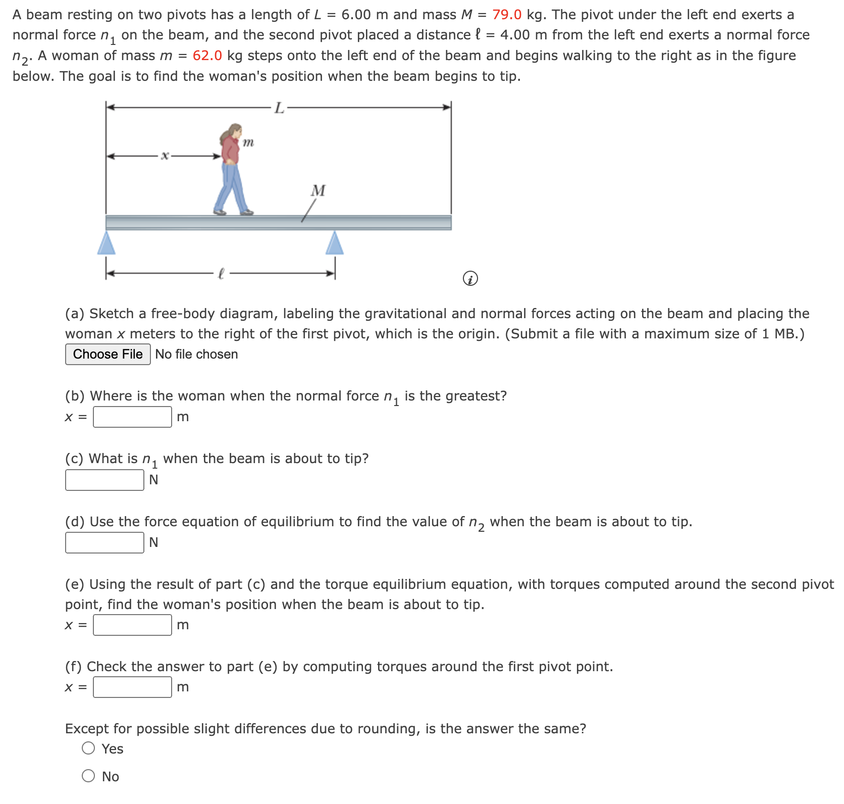 Solved A beam resting on two pivots has a length ofL = 6.00 | Chegg.com