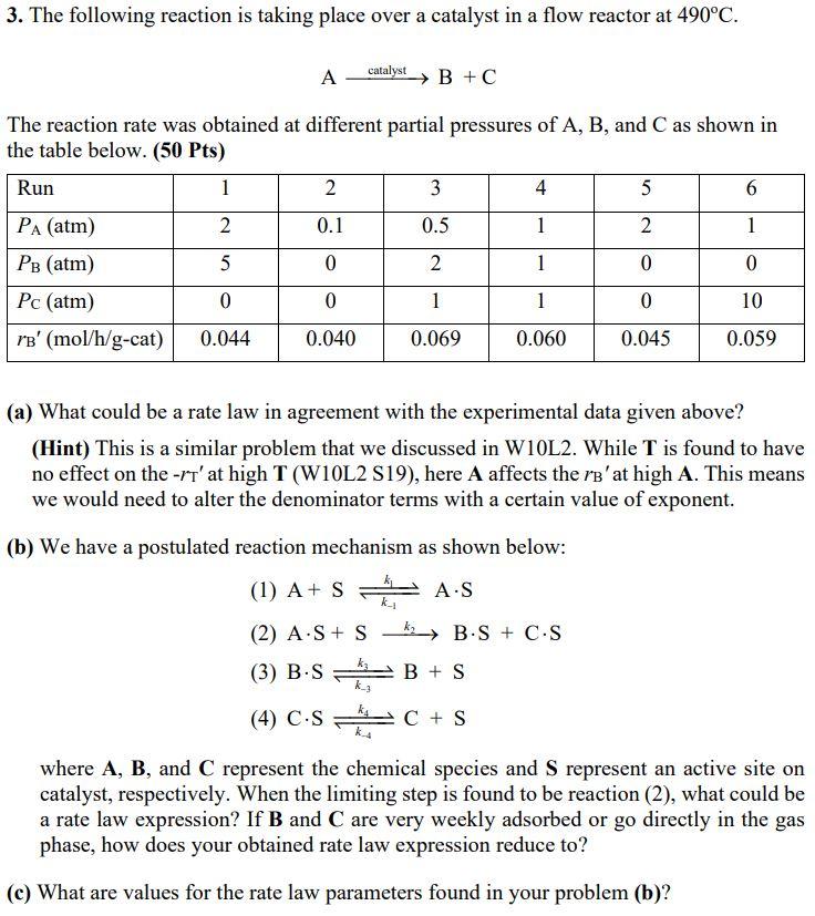 Solved 3. The following reaction is taking place over a | Chegg.com