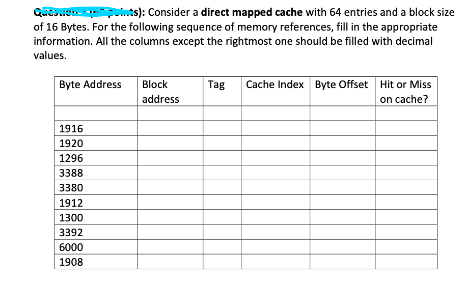 Solved QUESTION points): Consider a direct mapped cache with | Chegg.com