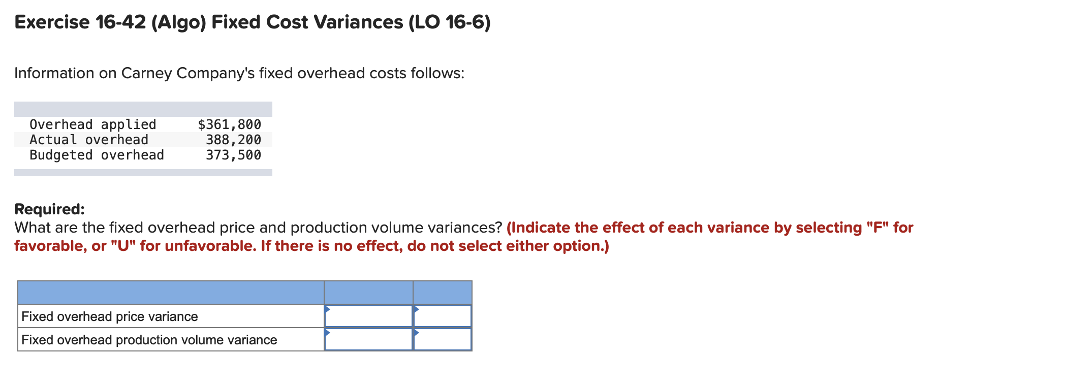 Solved Exercise 1642 (Algo) Fixed Cost Variances (LO 166)