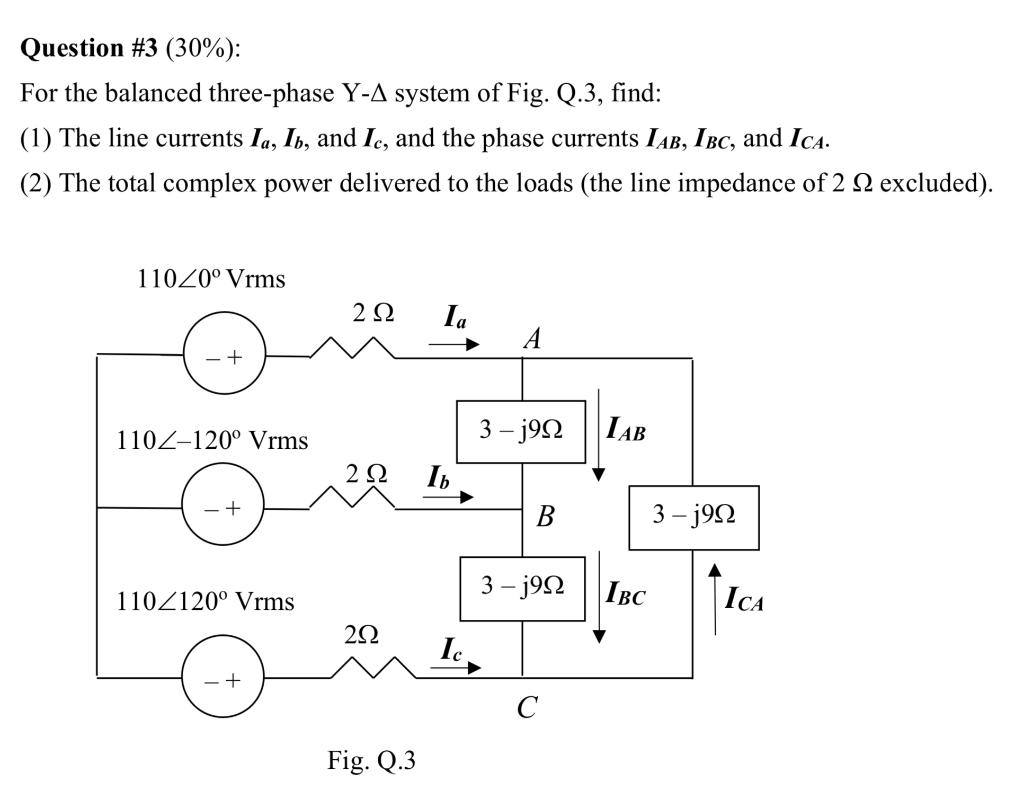 Solved Question #3 (30%): For The Balanced Three-phase Y-A | Chegg.com