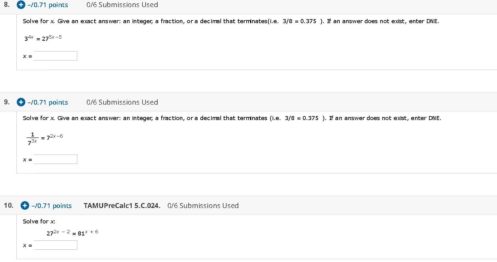 Solved 8. + -10.71 points 0/6 Submissions Used Solve for x. | Chegg.com