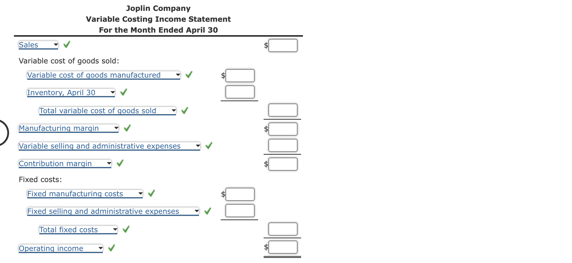 Solved Variable Costing Income Statement On April 30, the | Chegg.com